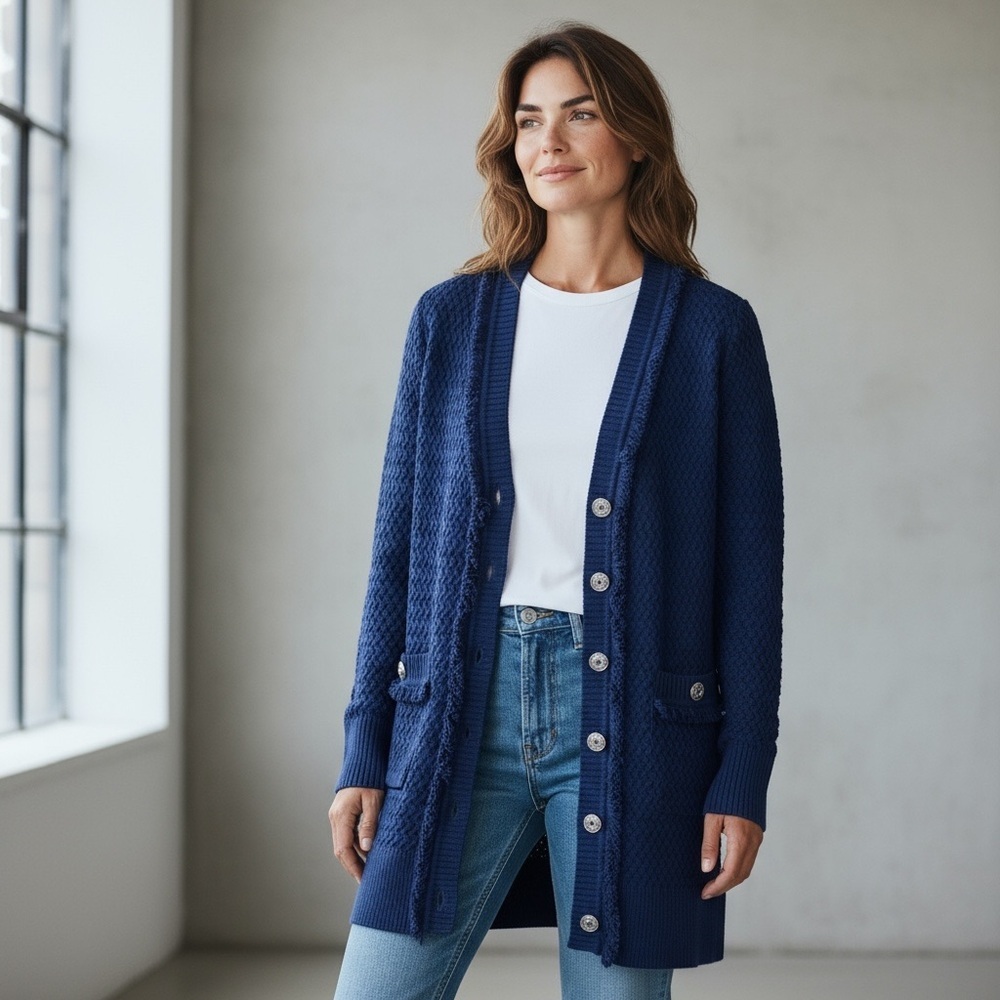 St. John - Wool Textured Longline Knit Cardigan - Navy Blue